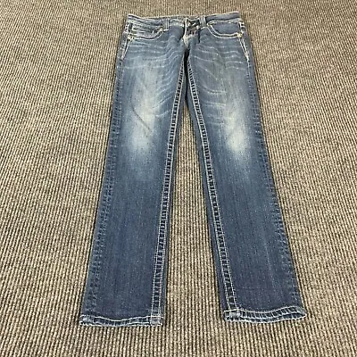 Miss Me Jeans Womens 28 Blue Denim Skinny Low Rise Cross Rhinestone Faded 30x31 • $27.94