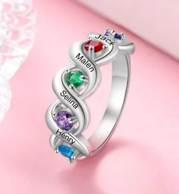 Mothers Ring 5 Stone 5 Name Engraved Silver Women Mom Jewelry Birthstone Gift • $49.90