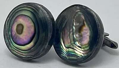 Vintage Sterling Silver Abalone Inlay Round Cuff Links Mexico 925 • $59.95