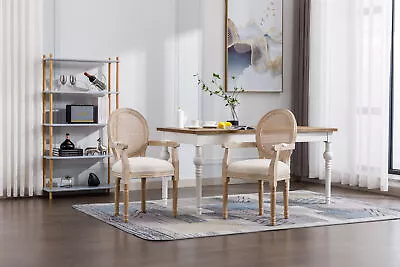 French Vintage Upholstered Fabric Dining Armchair Set Of 2 Beige • $324.20