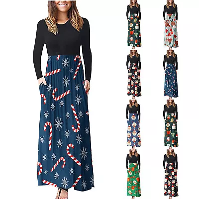 Women's Casual Long Sleeve Long Dress Round Neck Christmas Print Dresses • $34.26