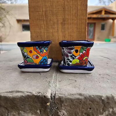 Talavera Square Mini Planters With Saucers Mexican Handmade Pottery Folk Art  • $34