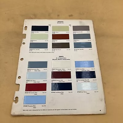 1964 Renault & Chrysler Simca Color Exterior Paint Chips Sample Chart Vintage • $10