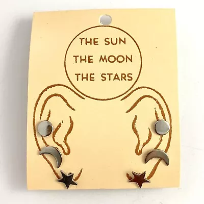 Vintage Stud Earrings Set Moon Star Sun Pierced Ears Silver Tone Metal Jewelry • $18.99