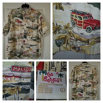 Go Barefoot Hawaiian Shirt Mens Large California Beaches Malibu Cars Boats - EUC • $34.88