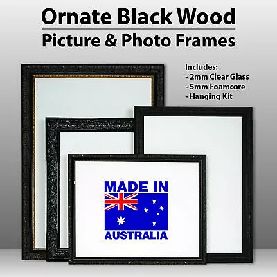 Wooden Ornate Black Classic Black Photo Frame A0 A1 A2 A3 A4  Clear Glass • $114.10