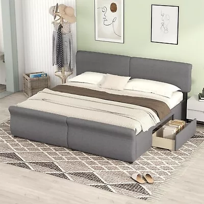 Modern King Size Upholstered Platform Bed With 2 Storage Drawers Gray • $339