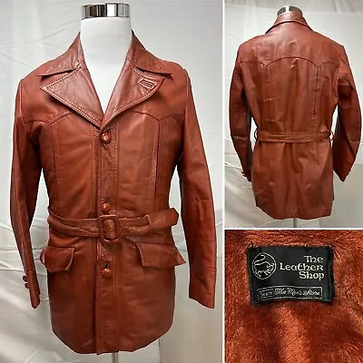 Men's Vintage Sears Leather Shop Cognac Brown 70s Belted Detective Coat Jacket M • $119