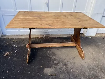 Antique Pine Farm Table Dining Table With Trestle Base - 19th Century • $1500