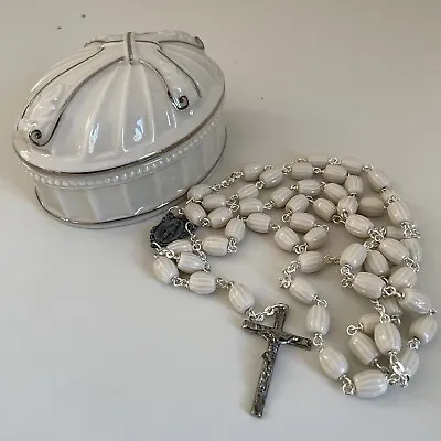 Vintage White Rosary Lenox Sterling Prayer Beads Communion Porcelain Container • $44.99