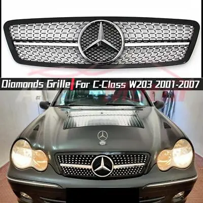Chrome Black Dia-monds Style Grill For Mercedes C-Class W203 01-07 C200 C320 • $99