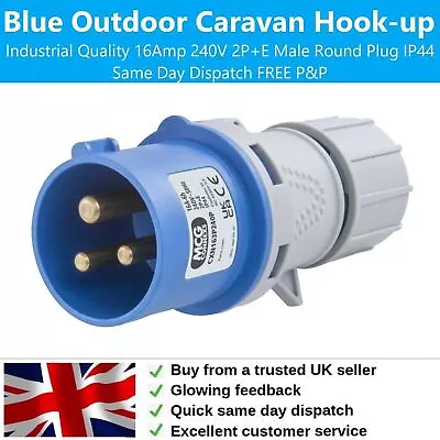 Blue 16Amp 240V 2P+E Male Round Plug Commando IP44 Outdoor Caravan Hook-up MCG • £8.95