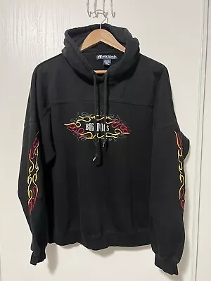 Vintage 90s Embroidered Big Dogs Heavyweight Hoodie - Mens Large Black Flames ￼ • $50.88