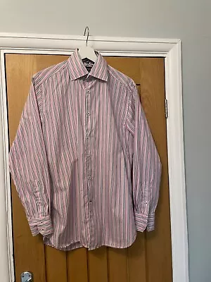 M&s Autograph Mens Shirt Stripe Pink Grey Botton Cuff  14 1/2 Neck Immaculate • £6.95