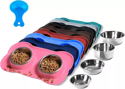 Pet Dog Bowls 2 Stainless Steel Dog Bowl With No Spill Non-Skid Silicone Mat + P • $18.88