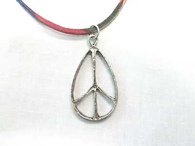 Vintage Peace Sign Symbol Rain Drop Pewter Pendant 22  Rainbow Suede Necklace • $12.99