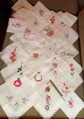 LOT Of 24 VINTAGE HANDKERCHIEF Shiny Rayon Embroidery Floral + Pink Rose Red • $47.95