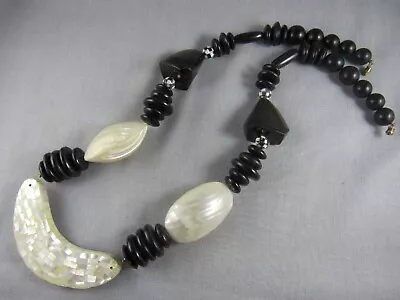 Vintage MCM Chunky Bead Necklace Horn Inlaid Mother Of Pearl Wood 26” • $25