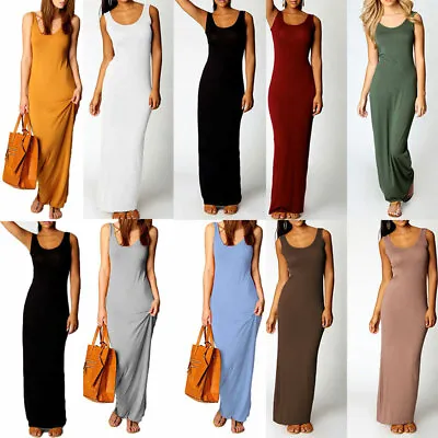 Plus Size Womens Sleeveless Long Maxi Dress Ladies Casual Solid Vest Tank Dress/ • $18.15