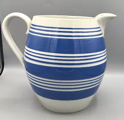 Large Antique Mocha Ware Pottery Blue Nine Band Decorated Pottery Pitche 9 Inch • $375