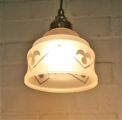 Ceiling Light Antique French Pink Glass Cafe Pendant Etched With New Fittings • £69.50