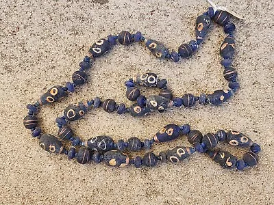 Antique Venetian Trade African Blue Glass Chevron Beads Long Necklace 40  Total • $49.95