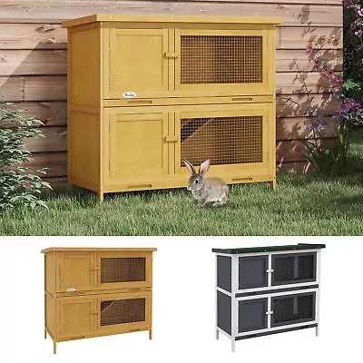 2-Tier Wooden Rabbit Hutch Guinea Pig House W/ Sliding-out Tray Ramp • £92.99