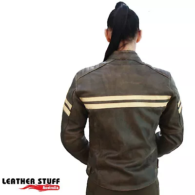 Vintage Motorcycle Motorbike Club Leather Slim Designer Biker Jacket Retro Brown • $349