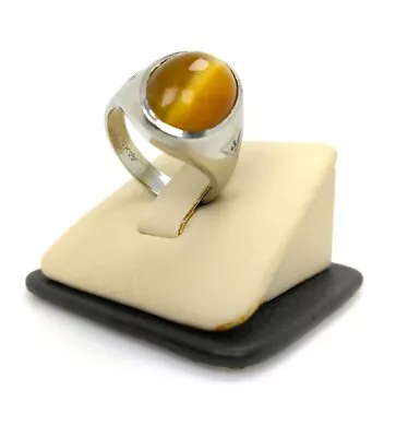 Men's 10kt Solid White Gold Satin Oval Shaped Cat's Tiger's Eye Ring Ess/I-14728 • $449.95