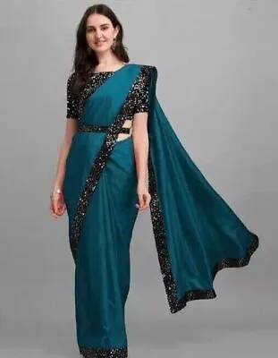 Bollywood Women's Designer Vichitra Silk Solid Saree With Running Blouse Velvet • £26.48