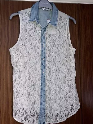 New Look Acid Wash Lace Denim Shirt Size 12 • £5.50