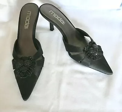 MODA Black Satin Slip-On Heel With Sequined Flower Pointed Toe 7.5M Excellent • $24.99