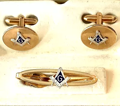 VINTAGE SWANK MASONIC ENAMEL And GOLD TONE CUFFLINKS TIE BAR SET • $30