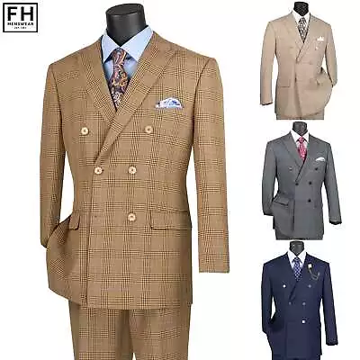 VINCI Men's Prince Of Wales Check Double Breasted 6 Button Classic Fit Suit New • $100
