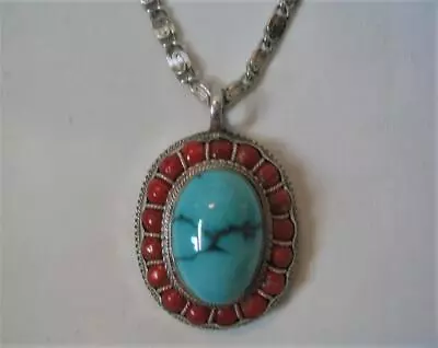 Vintage Southwestern Sterling Silver 925 Turquoise Spiny Oyster Pendant Necklace • $79.99