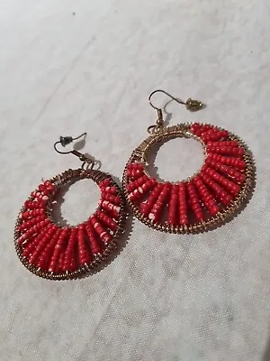 Red Disc Vintage Beaded Earrings Hook Fastening • £4.70