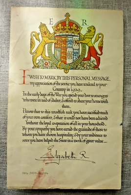 £45 • Buy WW2 The Queen Mother Elizabeth R Signed 1939 - EVACUEE THANK YOU LETTER - RARE