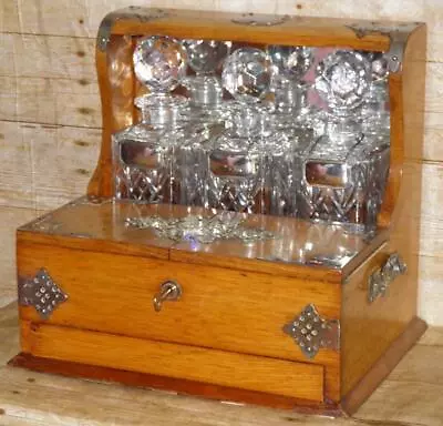 Antique Oak Games Gambling Tantalus & 3 Crystal Cut Glass Decanters Hidden Draw • $1330.76