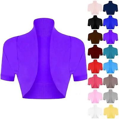 Women Cotton Bolero Shrug Ladies Short Sleeve Plain Open Party Cardigan Crop Top • £9.38