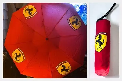 RED FERRARI  Folding Compact UMBRELLA W/ FERRARI EMBLEMS-Cloth Case Has Rub Mark • $45.95