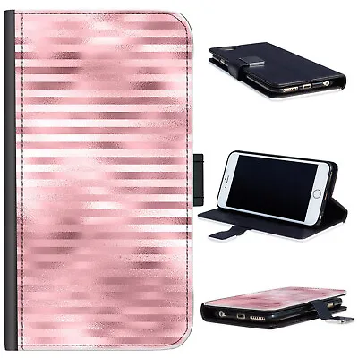 $36.01 • Buy Rose Pink Stripe Phone Case;PU Leather Flip Cover With TPU Inset & Card Pockets