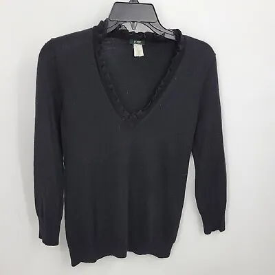 J Crew Cardigan Womens Small Black Ruffle Trim Button Up Wool Sweater • $28.50