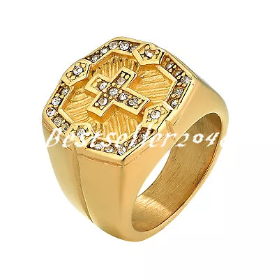 Mens Stainless Steel Christian CZ Inlaid Cross Ring Signet Biker Band Size 8-13 • $10.99