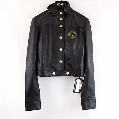 Versace Jeans Couture Button-Up Leather Jacket In Black With Gold Hardware - 42 • $87