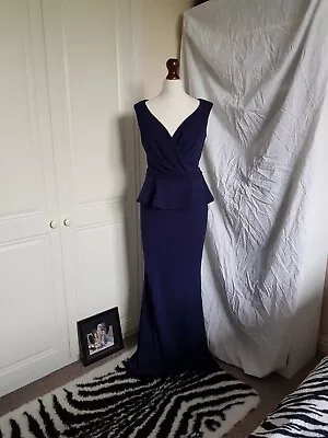 Quiz Navy Blue Prom Dress Maxi Peplum Plunge V Neck Long Wedding Formal Size 8  • £11.99