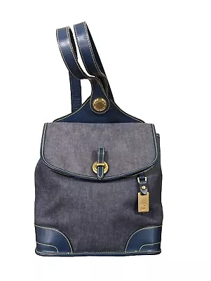 Vintage Dooney & Bourke Blue Denim Backpack Leather Backsling USA RARE No A93626 • $134.99