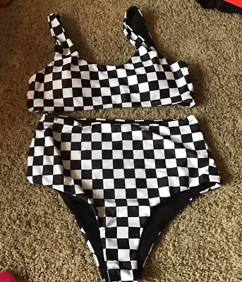 Women's S Black White Checkered 2 Piece High Waisted Bikini • $4.99