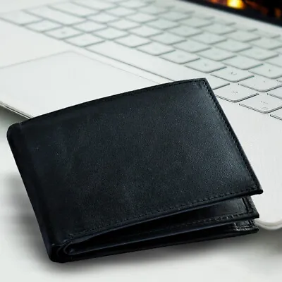 100% Genuine Leather Bifold Mens Wallet Middle ID Window Black RFID Blocking USA • $10.95