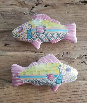 2 Mackenzie Childs Fish Knobs Pulls Pink Multi U.S.A. VTG 4.75  Each EUC • $79