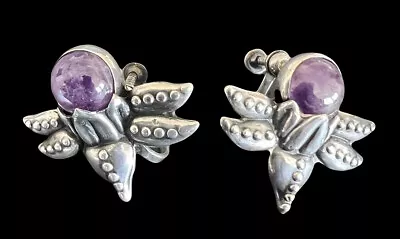 Vintage Taxco Mexico Sterling Silver Amethyst Art Deco Screw Back Earrings   • $295